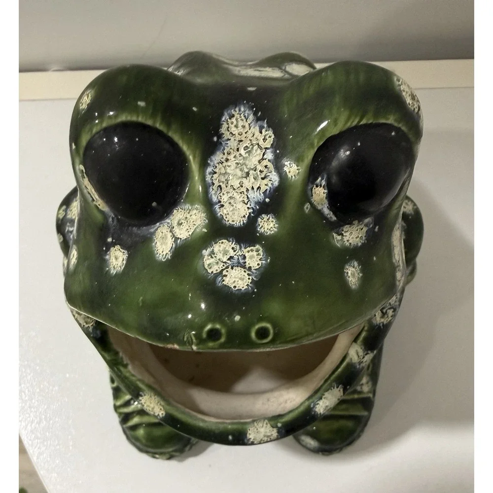 Vintage 1970s Handmade Ceramic Green Speckled Frog Kitchen Sponge Holder